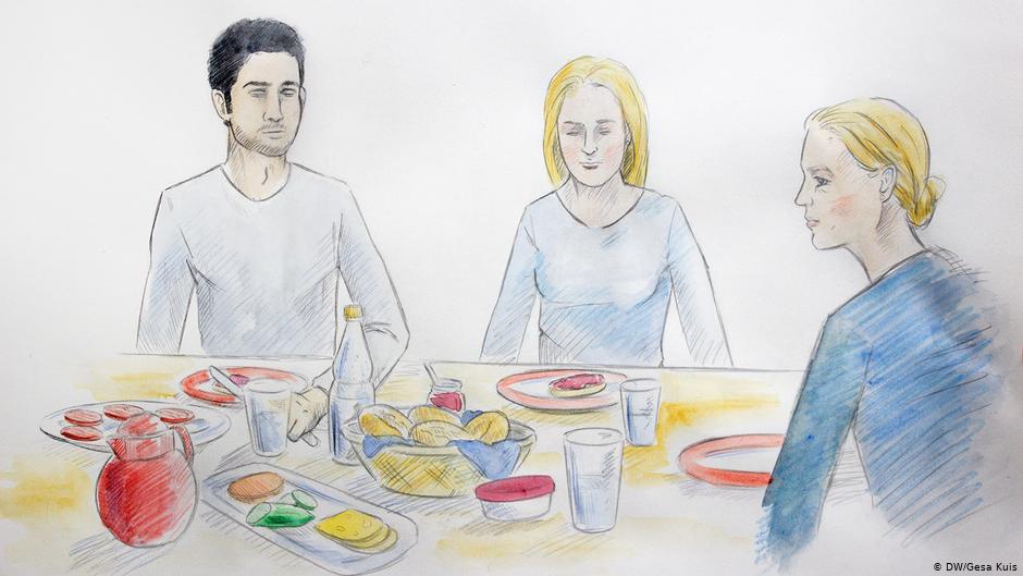 Illustration: Young Afghan man and his German girlfriend at the dinner table with her mother (DW/Gesa Kuis)