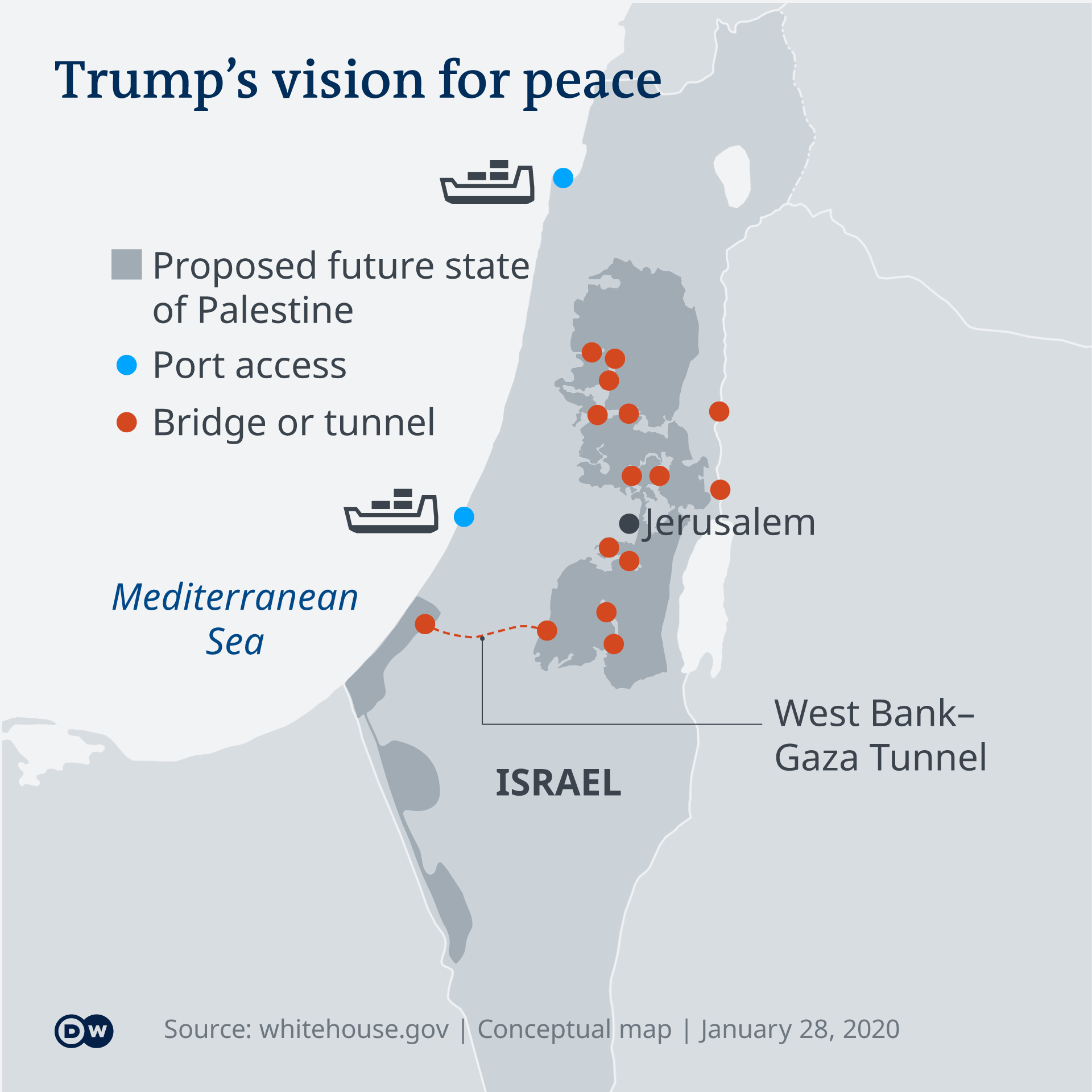 Infographic showing a map of Israel and Palestine as per Donald Trump's “Vision for Peace” (source: DW)