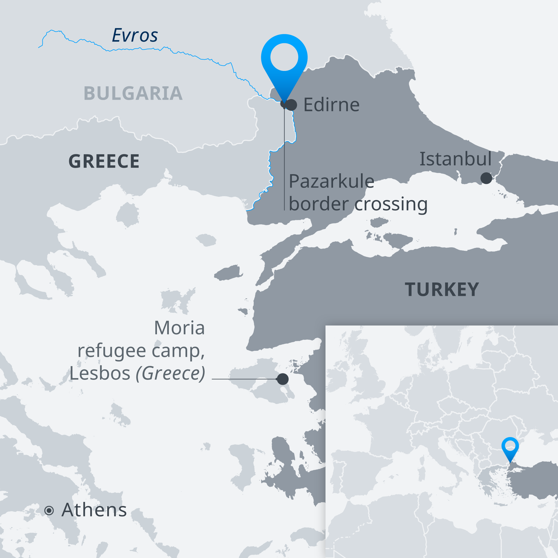 Infographic showing the position of refugeess on the Turkish-Greek border and on the Aegean island of Lesbos (source: DW)