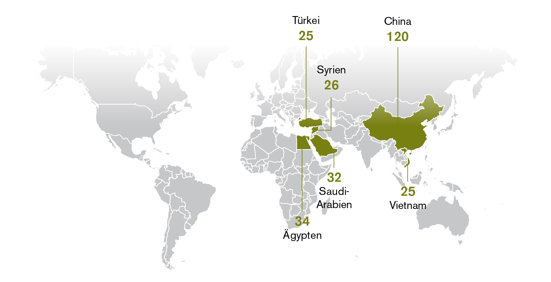 خريطة اعتقالات الصحفيين في الصين والسعودية وسوريا وفيتنام ومصر وتركيا. Quelle: Reporter ohne Grenzen