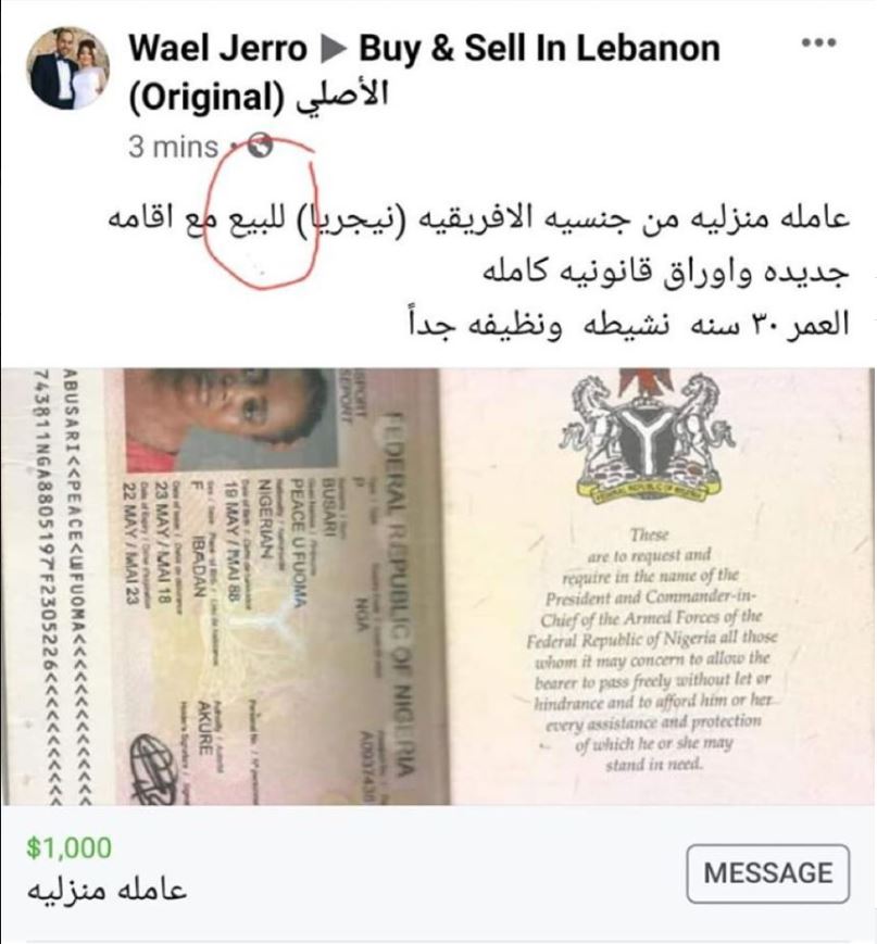 „Afrikanische Hausangestellte zum Verkauf (Nigerianerin) mit neuer Aufenthaltserlaubnis und gültigen Papieren. 30 Jahre alt. Aktiv und sehr sauber. 1000 US Dollar“ © Screenshot FB / „This Is Lebanon“
