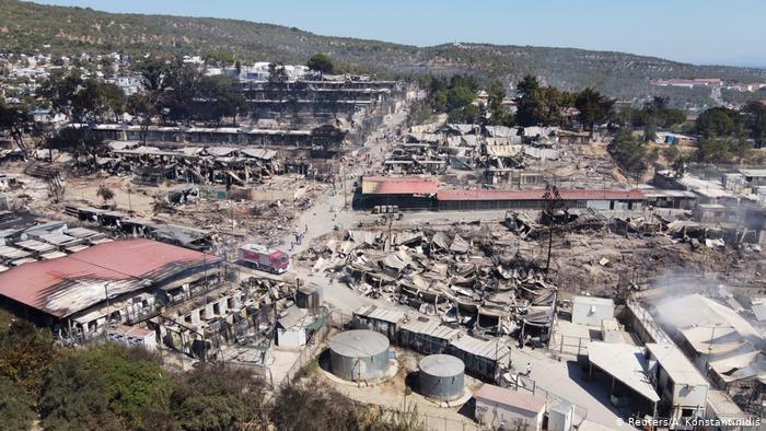 An aerial photo of the burned-out Moria refugee camp (photo: Reuters/A. Konstantinidis)