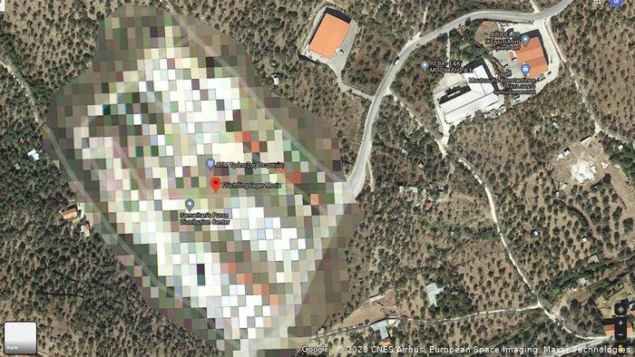 A pixelated Google Maps image of the Moria refugee camp (2020 CNES/Airbus, European Space Imaging, Maxar Technologies)