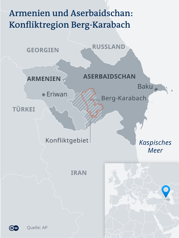 Infografik Konfliktregion Berg-Karabach und den Nachbarstaaten; Quelle: DW/AP