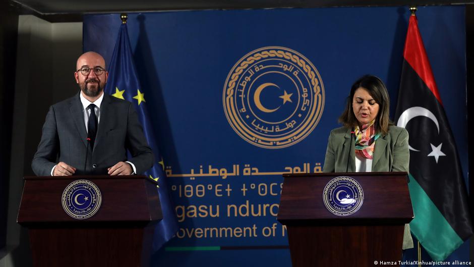 وزيرة الخارجية الليبية نجلاء المنقوش في مؤتمر صحفي مشترك بطرابلس مع شارل ميشيل رئيس المجلس الأوروبي 