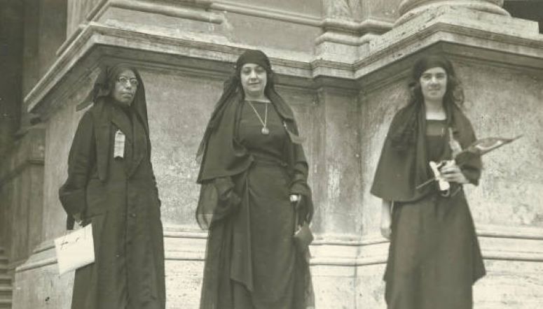 From left to right, Nabawiyya Musa, Hoda Sharawi, and Saiza Nabarawi – the Egyptian delegates at the 1923 International Alliance of Women (IAW) conference in Rome. Hoda Sharawi, played a key role in early 20th century Egyptian feminism and Egyptian national struggle against the British. Among other things she was active in social work for poor women and children, founded the Intellectual Association of Egyptian Women (1914) and the Egyptian Feminist Union (1923) and served as the president of the Wafdist Women's Central Committee (since 1920). Upon their return from the 1923 conference in Rome Sharawi, Musa, and Nabarawi in a symbolic act removed their veils in public at Cairo station