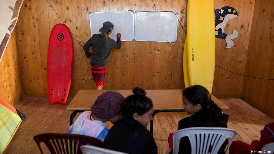 M'barek El Fakir, 24, ein Surfcoach, unterrichtet eine Theoriestunde für Surfschüler. Foto: Imane Djamil