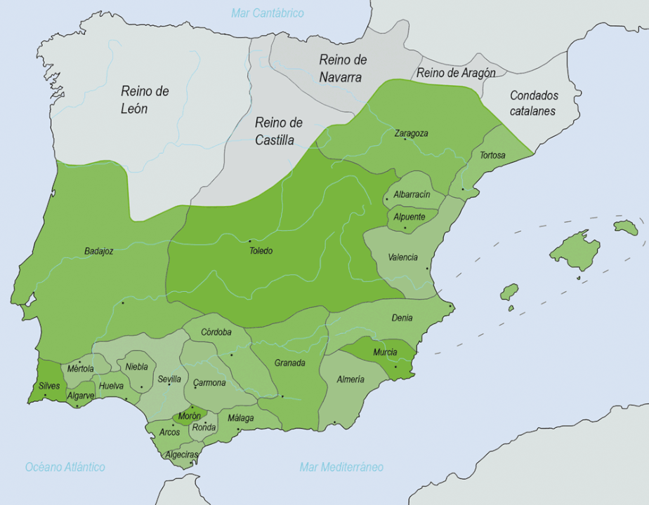 Karte der Taifa-Königreiche 1031 n. Chr. Bild erstellt für Wikimedia; Kein maschinenlesbarer Autor angegeben. Falconaumanni angenommen (aufgrund von Urheberrechtsansprüchen), CC BY-SA 3.0 via Wikimedia Commons