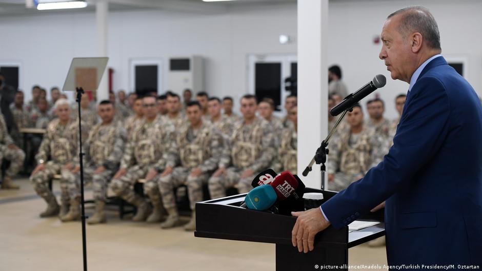 Turkish President Recep Tayyip Erdogan makes a speech as he visits Qatari-Turkish Combined Joint Force Command, in Doha, Qatar on 25 November 2019 (photo: Turkish Presidency/Mustafa Oztartan/AA)
