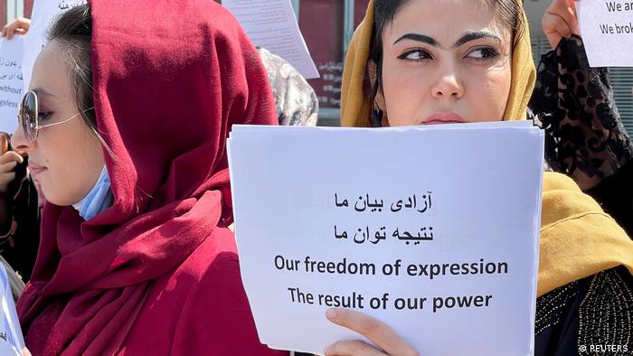 Afghan women protesting for women's and civil rights in fron of the presidential palace in Kabul, Afghanistan, on 3 September 2021