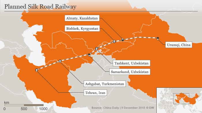 Graphic showing the planned route of China's Silk Road railway through Iran (source: DW)
