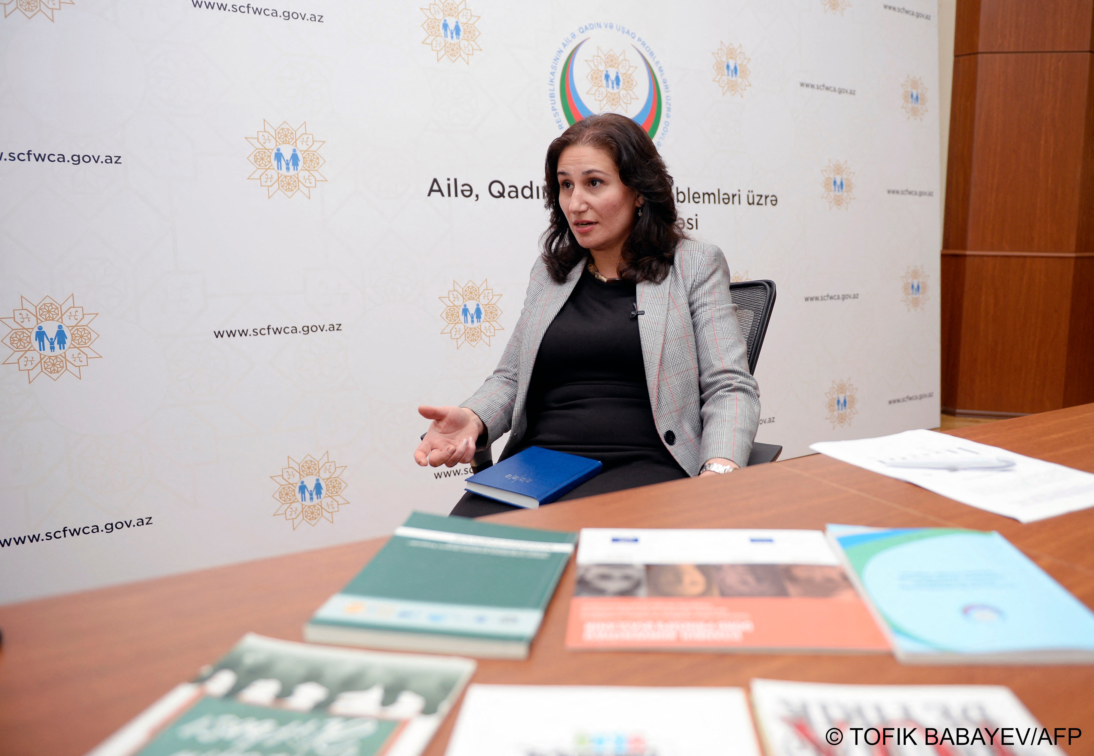 Taliya Ibrahimova, an official of Azerbaijan‘s state committee for women‘s affairs, speaks during an interview with AFP in Baku on 25 October 2021 (photo by Tofik BABAYEV/AFP)