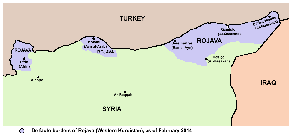 Die kurdischen Siedlungsgebiete, die als Rojava bezeichnet werden. (Karte: Wikipedia)