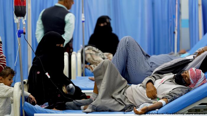 Patients hospitalised in al-Jumhuri Hospital in Taiz, Yemen