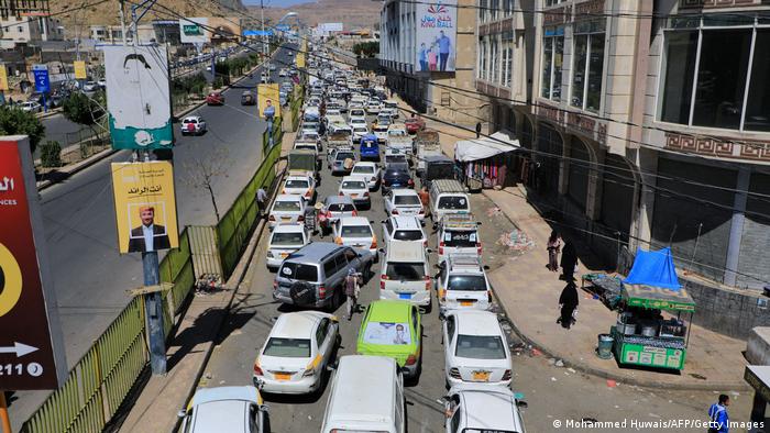 Vehicles queue at a petrol station in Yemen's capital Sanaa on 9 March 2022, amid fuel shortages