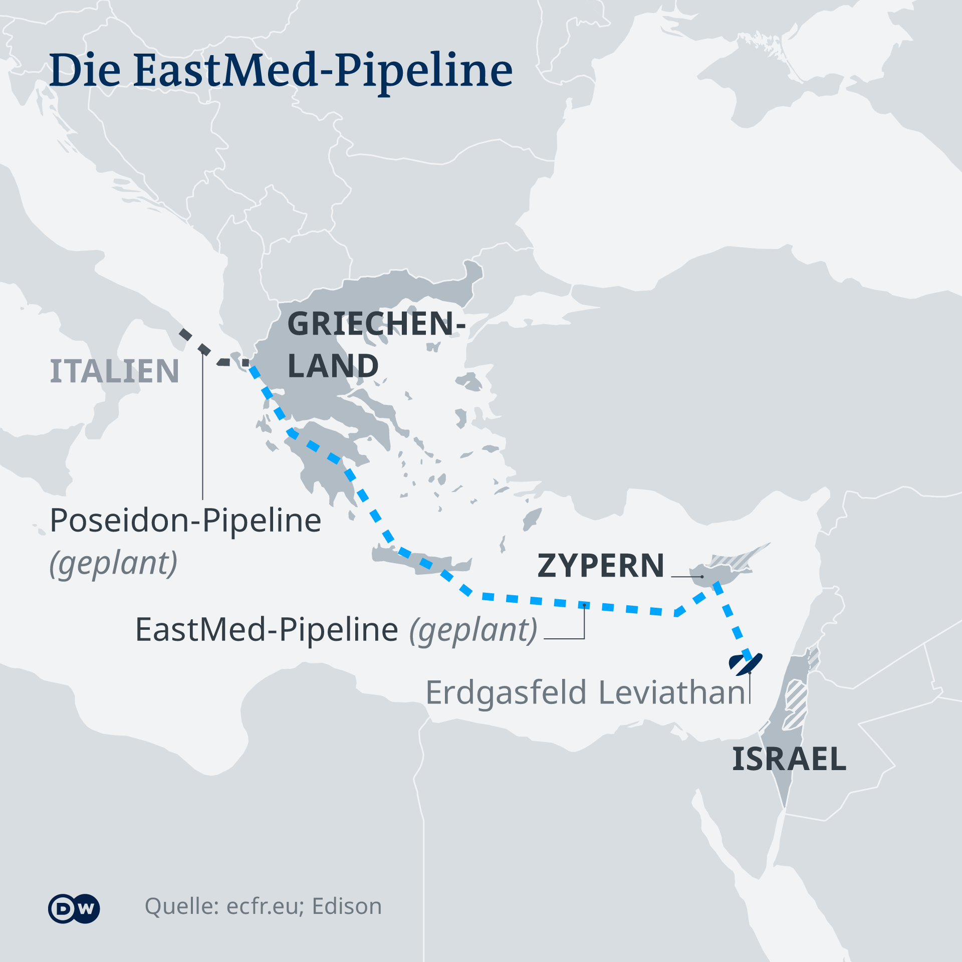 Karte geplanter Verlauf der Eastmed-Pipeline; Quelle: DW/ecfr.eu; Edison 