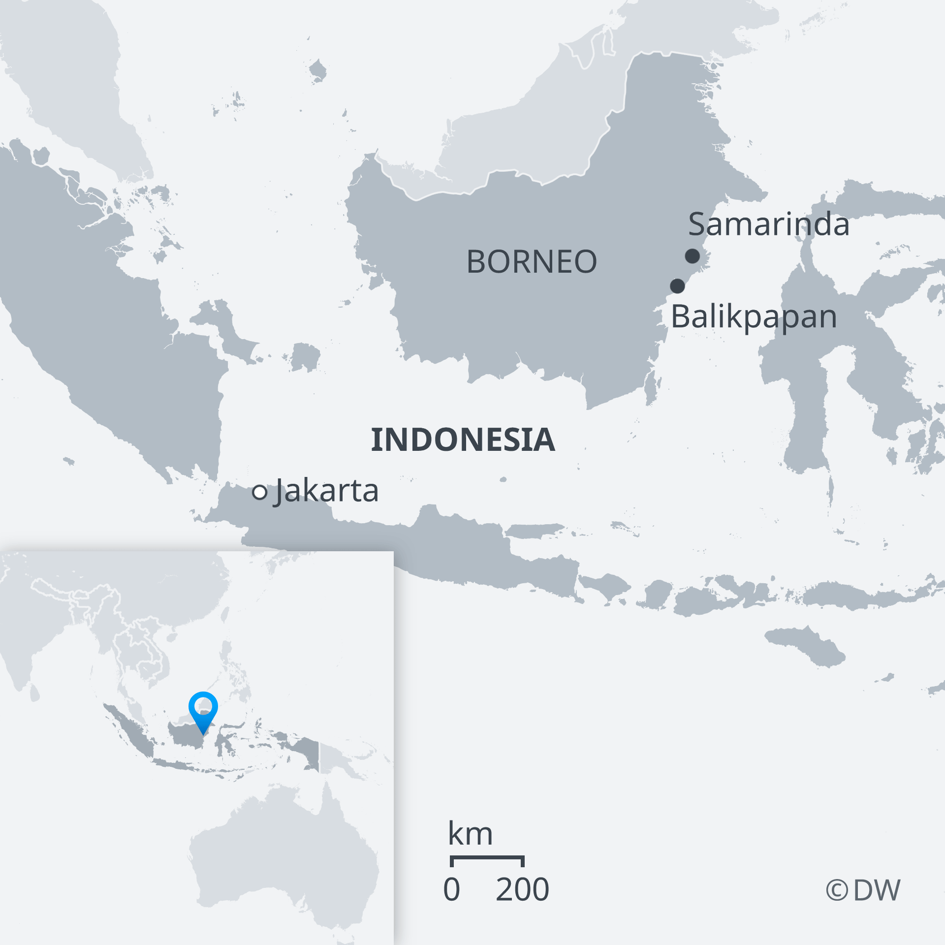 Infographik von Indonesien mit der Insel Borneo, wo die neue Hauptstadt des Landes entstehen soll (Quelle: DW)