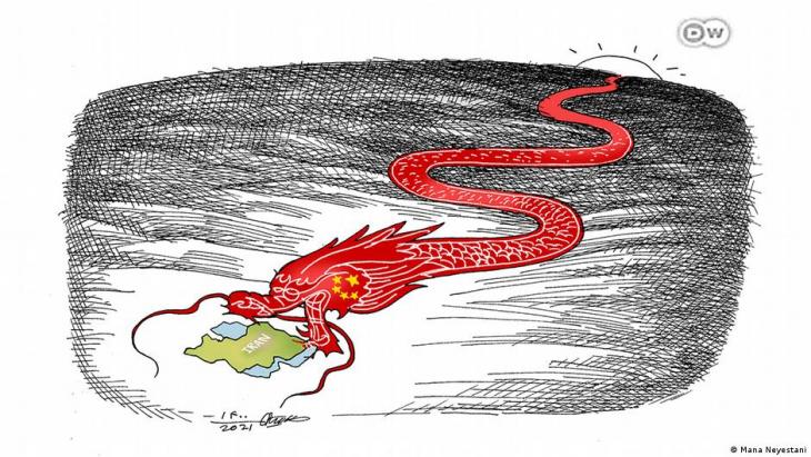 كاريكاتير يظهر إيران يلتهمها تنين أحمر يمثل الصين. Caricature shows Iran being consumed by a red dragon, representing China (source: DW/Mana Neyestani)