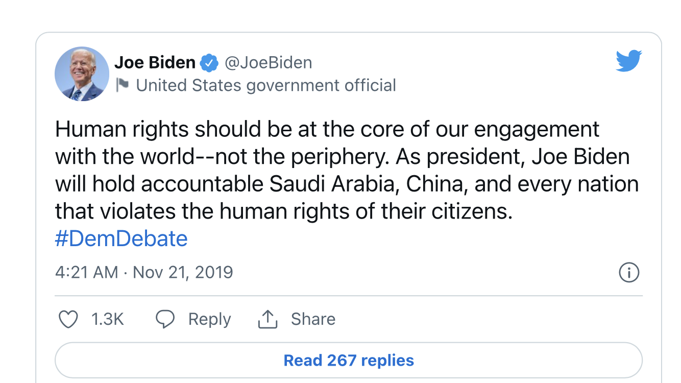 تغريدة للرئيس الأمريكي جو بايدن انتقد فيها السعودية. Tweet von Joe Biden bezüglich Saudi Arabien. 