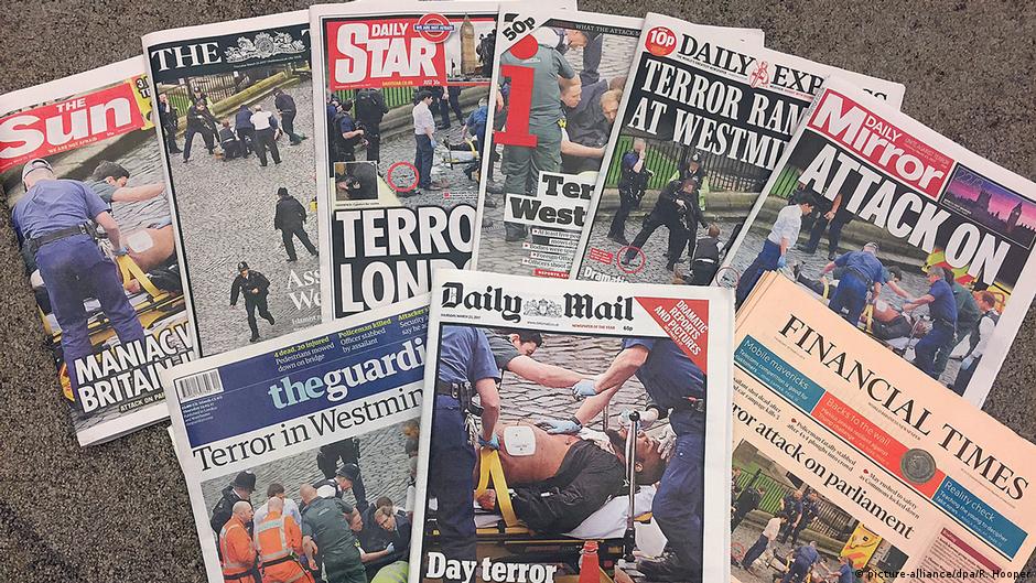 Images of the aftermath of the terrorist attack at Westminster, London, on 22 March 2017 on the front pages of a selection of British newspapers (photo: picture-alliance/dpa/P. Hooper)