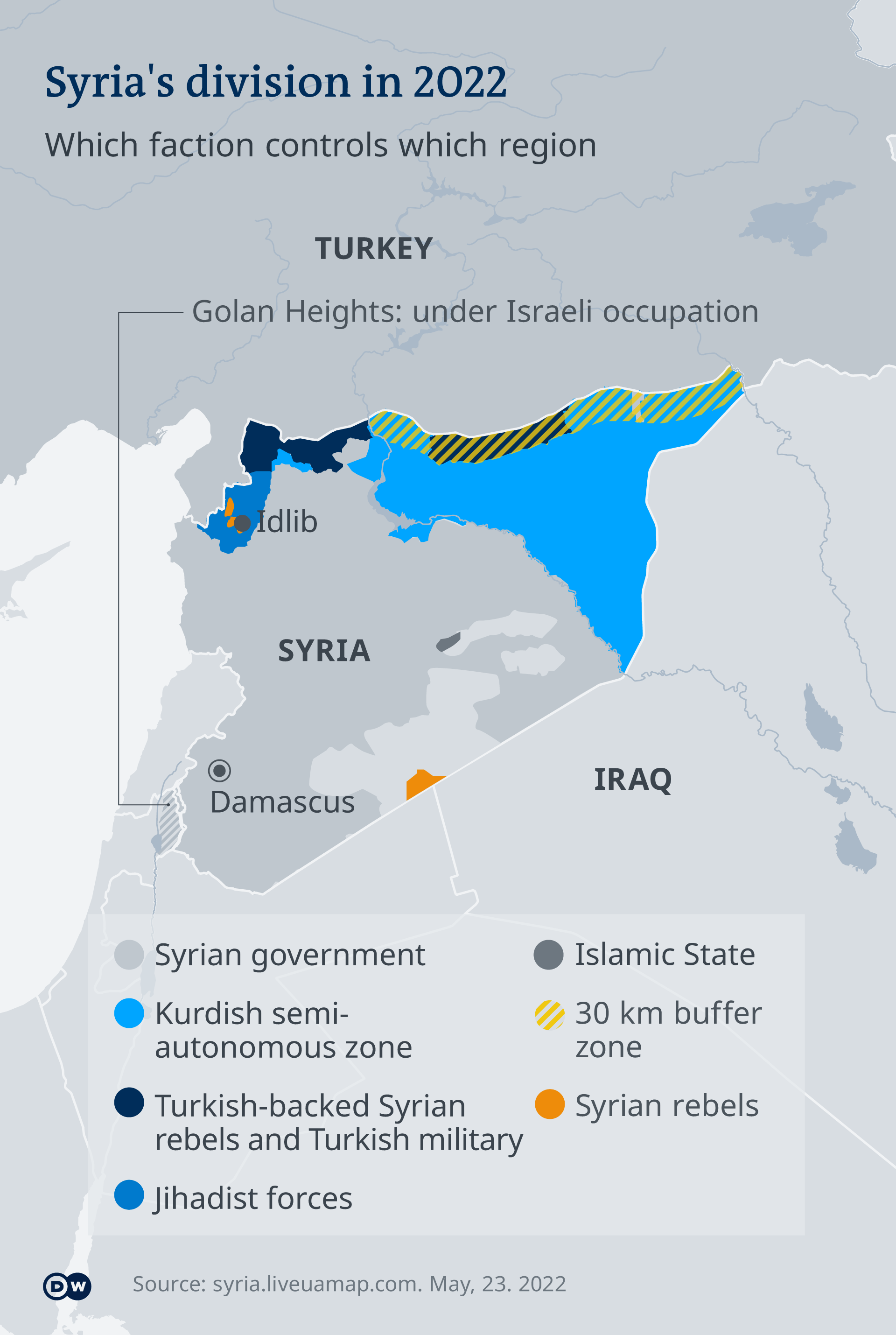 Karte von Syrien mit einer Übersicht, welche Fraktion welche Region kontrolliert aus 2022 (Quelle: DW)