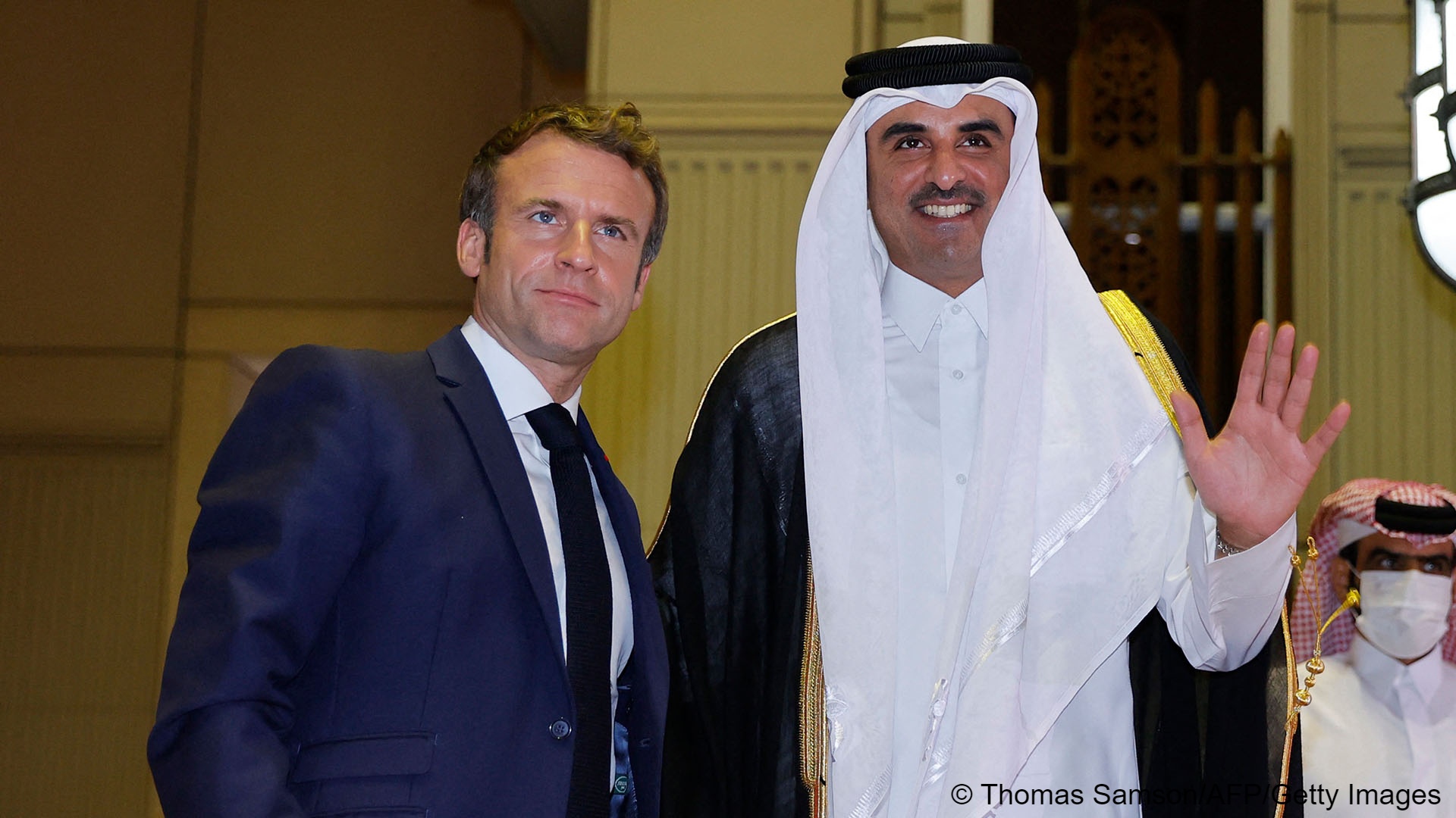 French President Emmanuel Macron and Qatar's Emir Sheikh Tamim bin Hamad Al-Thani in Doha, December 2021 (photo: Getty Images)