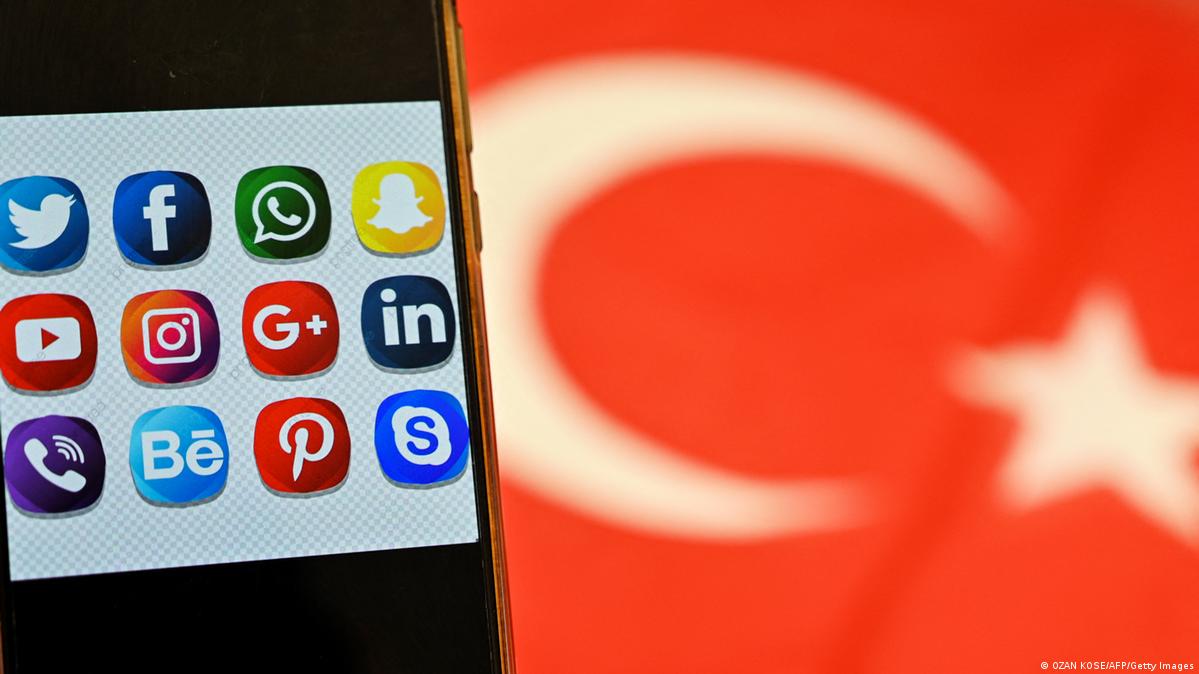تطبيقات التواصل الاجتماعي على هاتف ذكي - بجانب العلم التركي. Montage featuring social media buttons on a smartphone and the Turkish flag (photo: AFP/Getty Images)