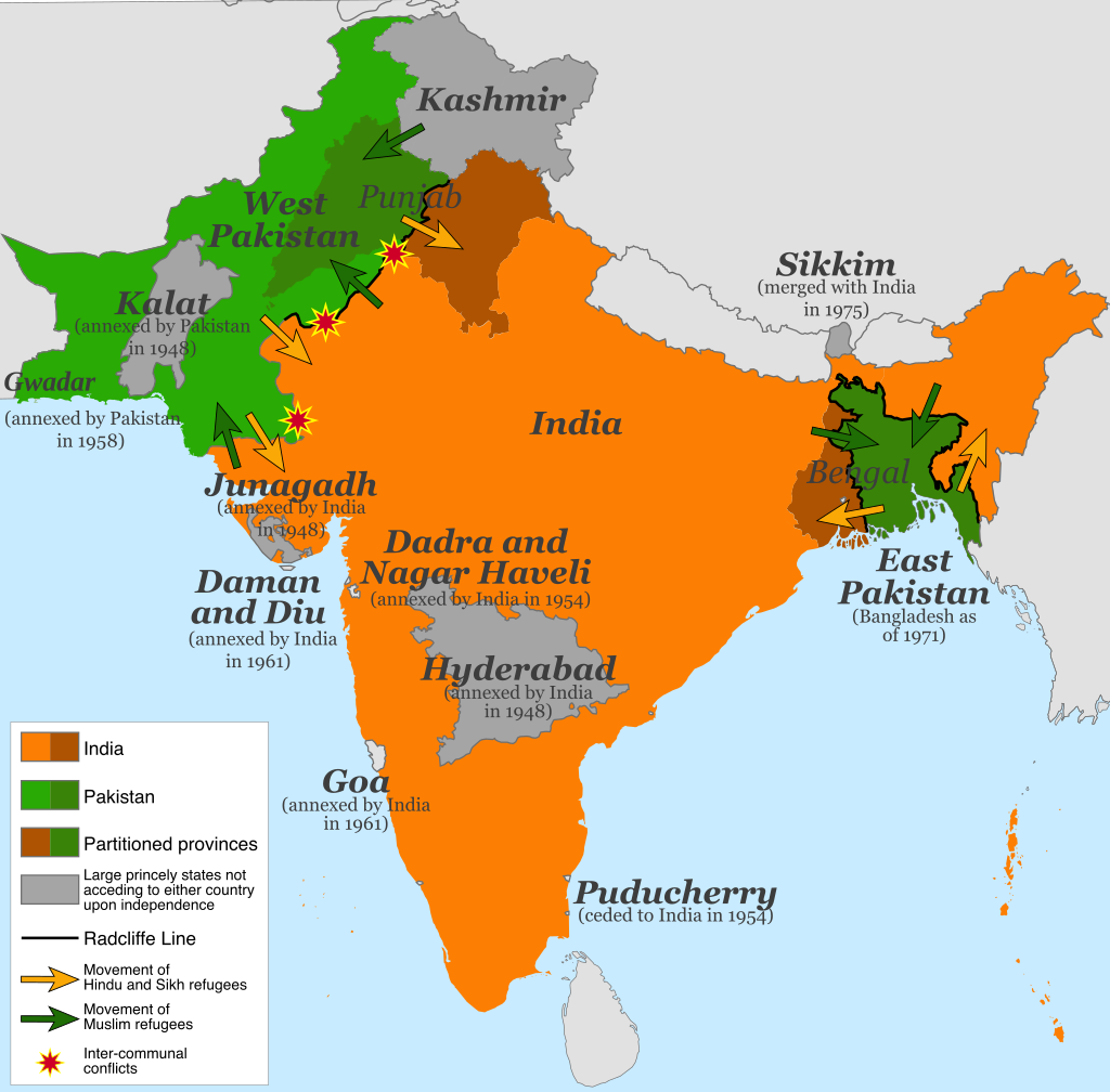 Eine Karte zeigt die Teilung des indischen Subkontinents in 1947 (Quelle: Creative Commons/Wikipedia).
