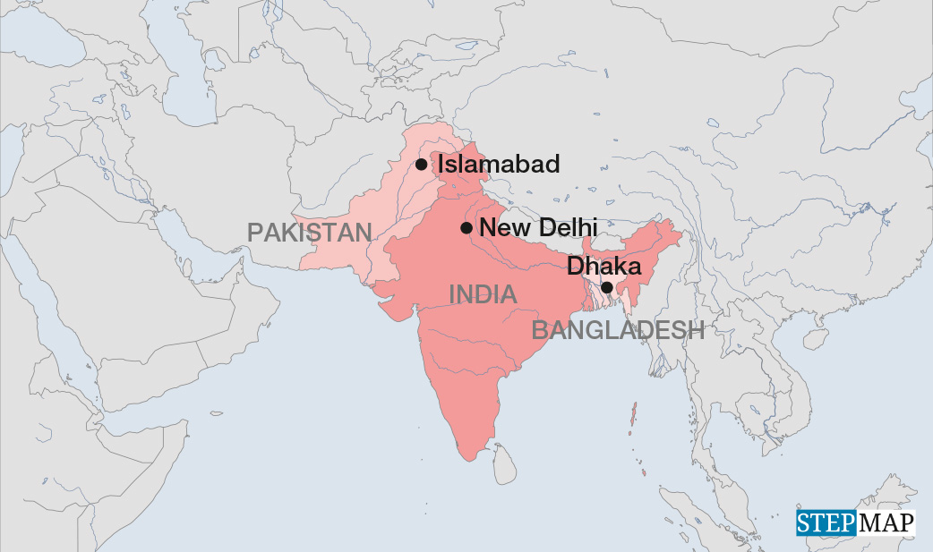 Karte von Indien, Pakistan und Bangladesch; Quelle: stepstone