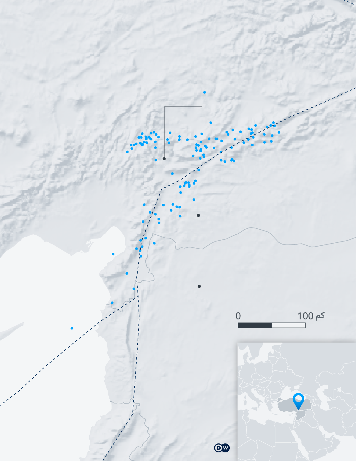 خريطة تظهر المناطق التي ضربها الزلزال في سوريا وتركيا. تجاوز عدد قتلى زلزال تركيا وسوريا عشرين ألفا بعد أربعة أيام من وقوعه.