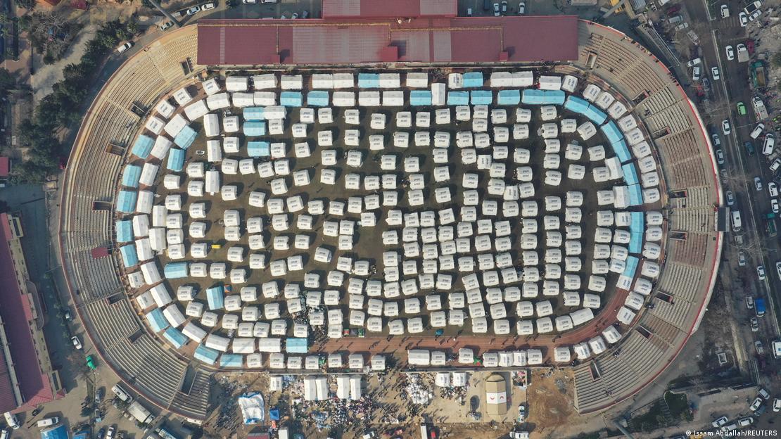 Drone footage shows a tent city in Kahramanmaras stadium, Turkey, the city at the epicentre of the earthquake (image: Issam Abdallah/REUTERS)
