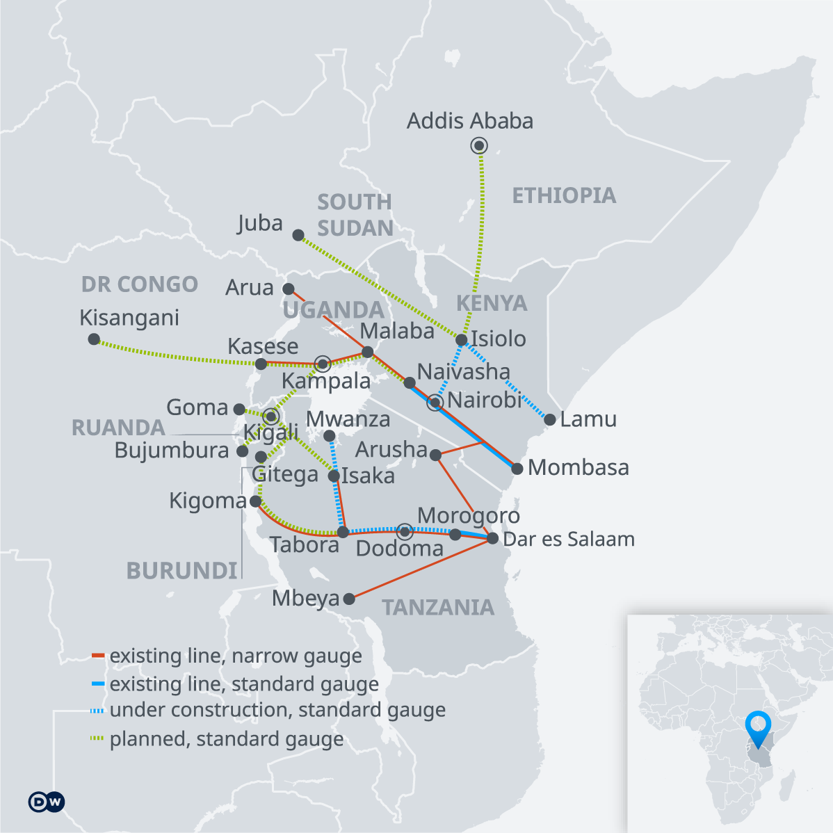 Map of the East African SGR rail network with planned expansion (source: DW)