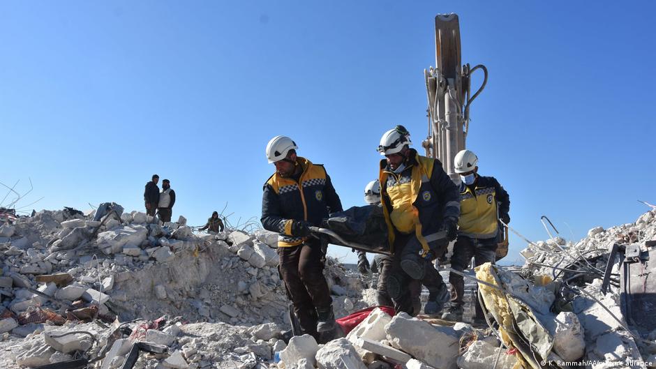 Members of the White Helmets retrieve a body from the rubble of a collapsed building in rebel-held territory, Syria (image: K. Rammah/AA/picture alliance)