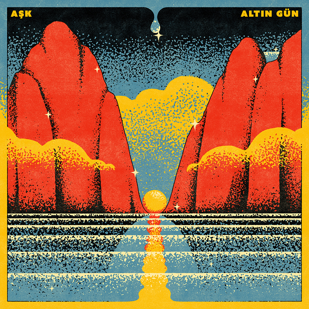 غلاف ألبوم "عشق" لفرقة ألتِن غون التركية في أمستردام الهولندية. Cover of Altin Gun's "Aṣk" (distributed by glitterbeat.com)