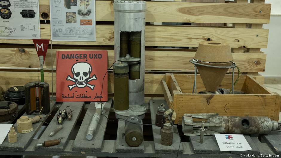 Ammunition, landmines and unexploded ordinance are displayed at a de-mining group headquarters in Tripoli, Libya (image: Nada Harib/Getty Images) 