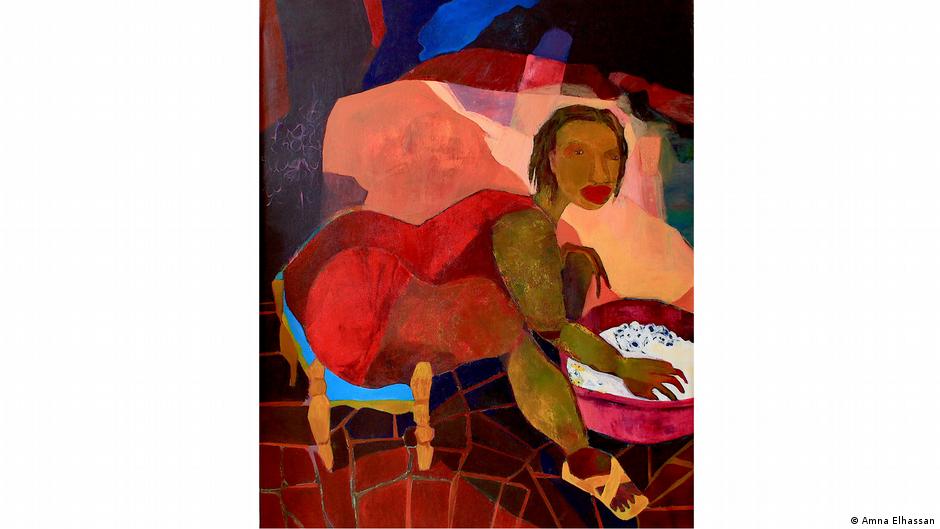 لوحة للفنانة السودانية آمنة الحسن بعنوان "يوم الغسيل". Painting by Sudanese artist Amna Elhassan of a woman washing clothes bent over a bowl (image; Amna Elhassan)