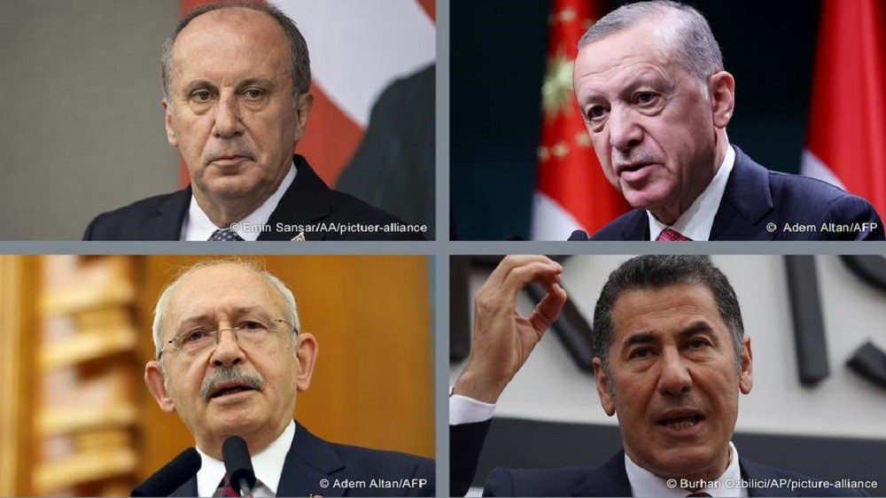 Ein Kombibild von den türkischen Präsidentschaftskandidaten: Muharrem Ince, Recep Tayyip Erdogan, Kemal Kilicdaroglu, Sinan Ogan; Foto: Emin Sansar/AA/picture-alliance; Adem Altan/AFP; Burhan Ozbilici/AP/picture-alliance