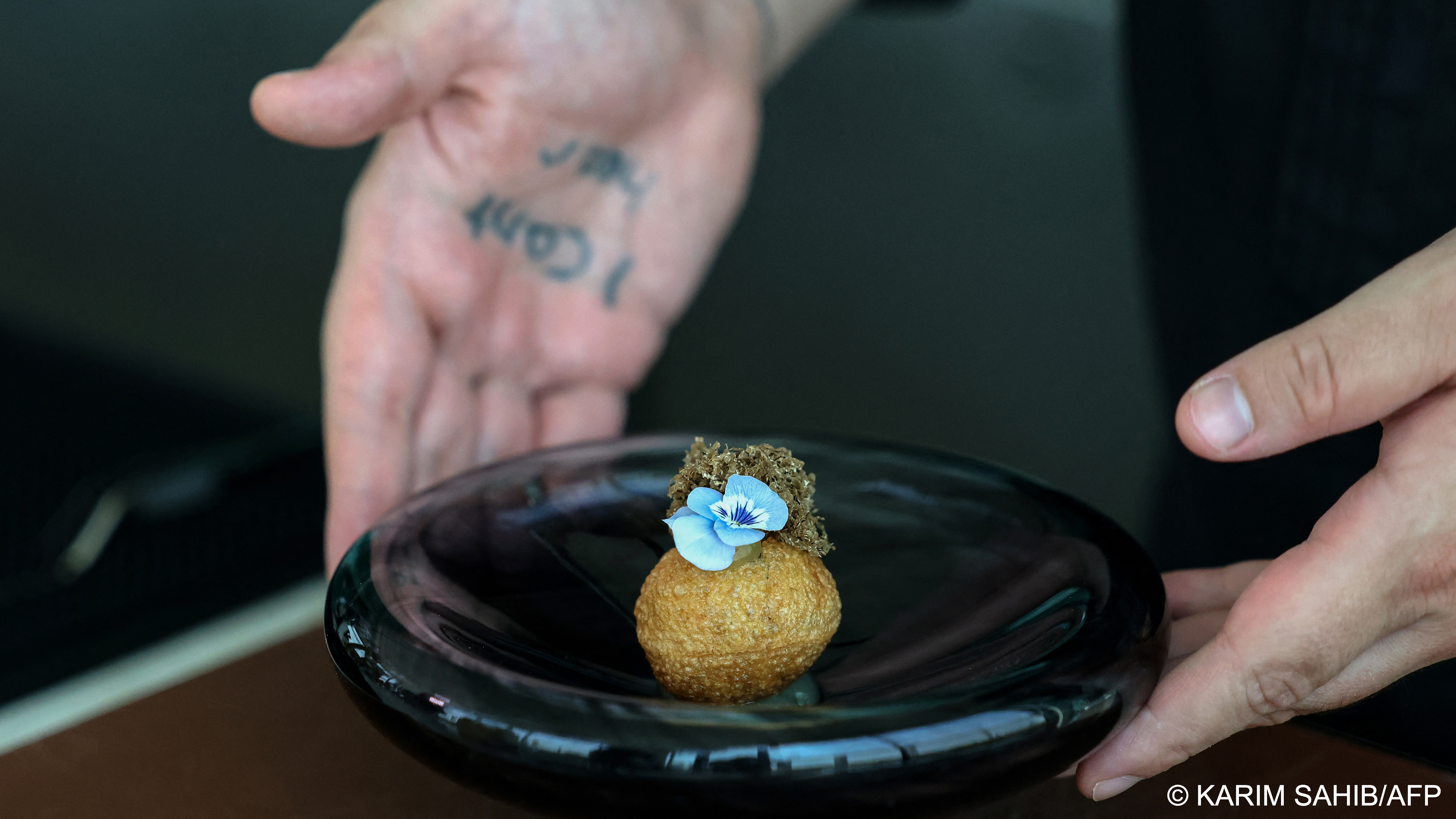 Hands present a delicate haute cuisine dish topped with an edible flower (image: Karim SAHIB/AFP)