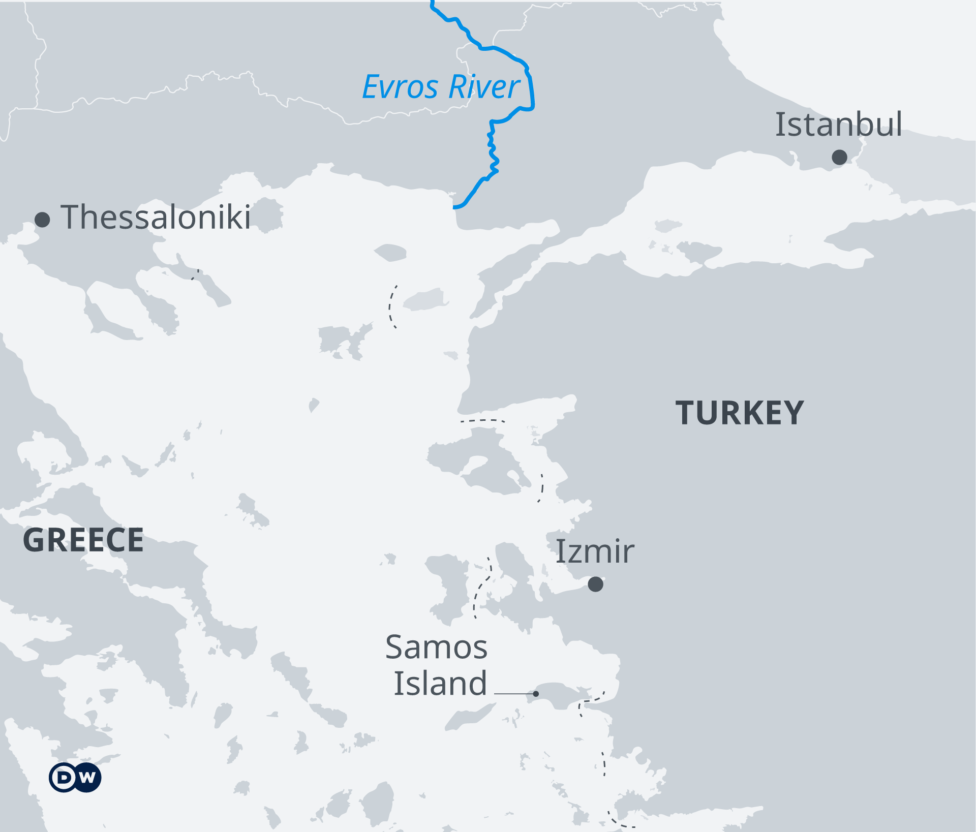 Map showing the land and sea border between Greece and Turkey