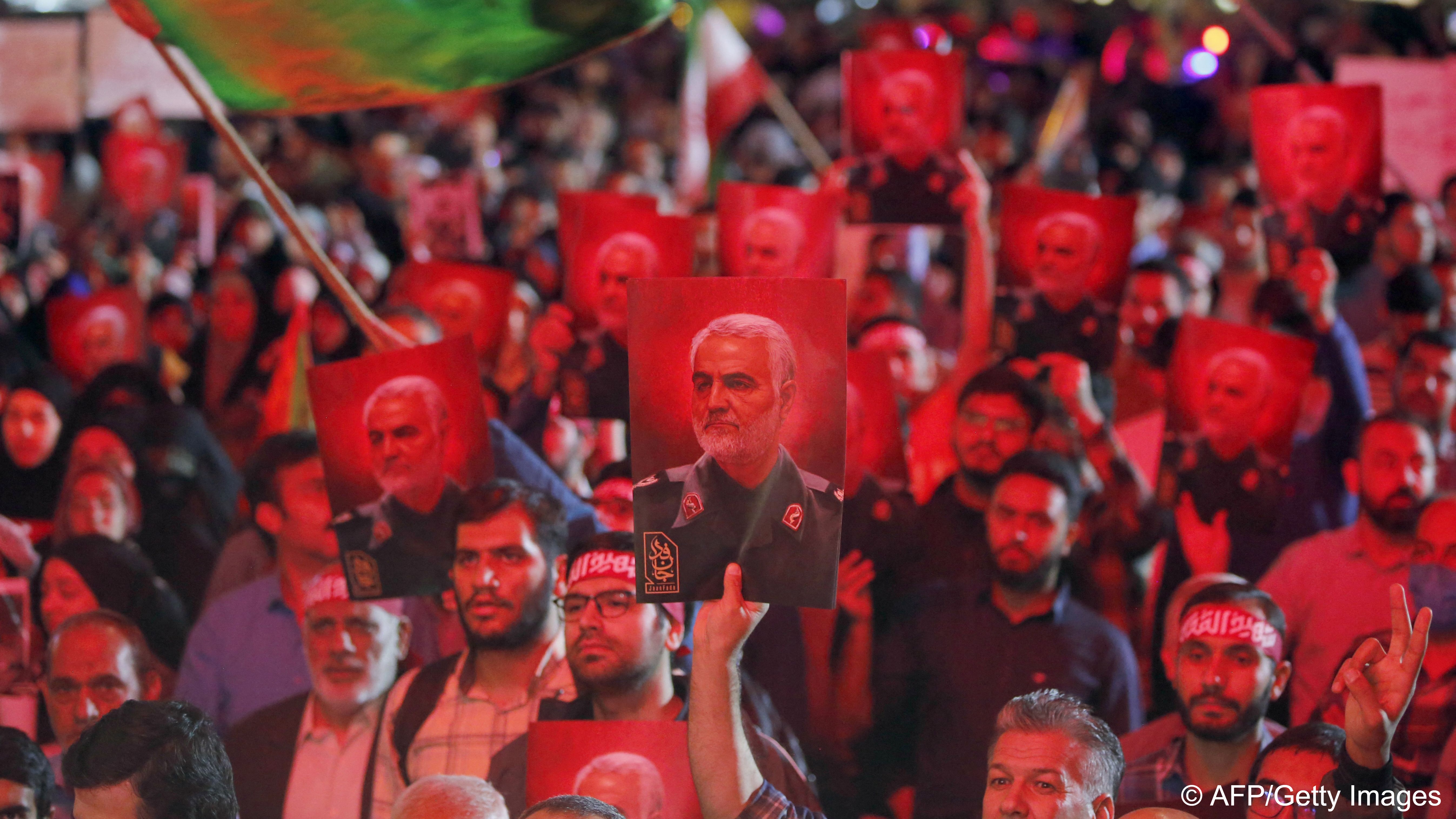 Pictures of slain Revolutionary Guards commander Qasem Soleimani at a rally in Tehran in solidarity with a Hamas offensive against Israel (image: AFP)