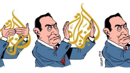 Karikatur Latuffs aus dem Jahr 2011: Mubarak zensiert Al-Jazeera im Arabischen Frühling; Foto: Latuff/wikimedia