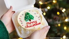 Mini Christmas cake in a flip-top container with an illuminated Christmas tree in the background