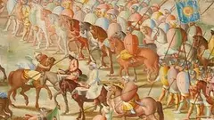 Darstellung in der spanischen Königsresidenz El Escorial: Jüdische Soldaten, die 1431 auf Seiten der Truppen von Muhammad IX., dem muslimischen Emir von Granada, in der Schlacht von La Higueruela gegen Johann II. (Kastilien) kämpfen; Foto: Wikipedia