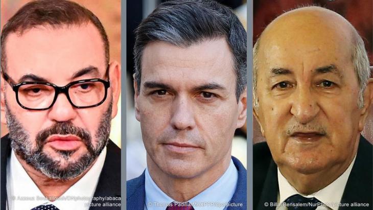 Spanish Prime Minister Pedro Sanchez between Algeria's President Tebboune and Morocco's King Mohammed VI (photo montage: DW)