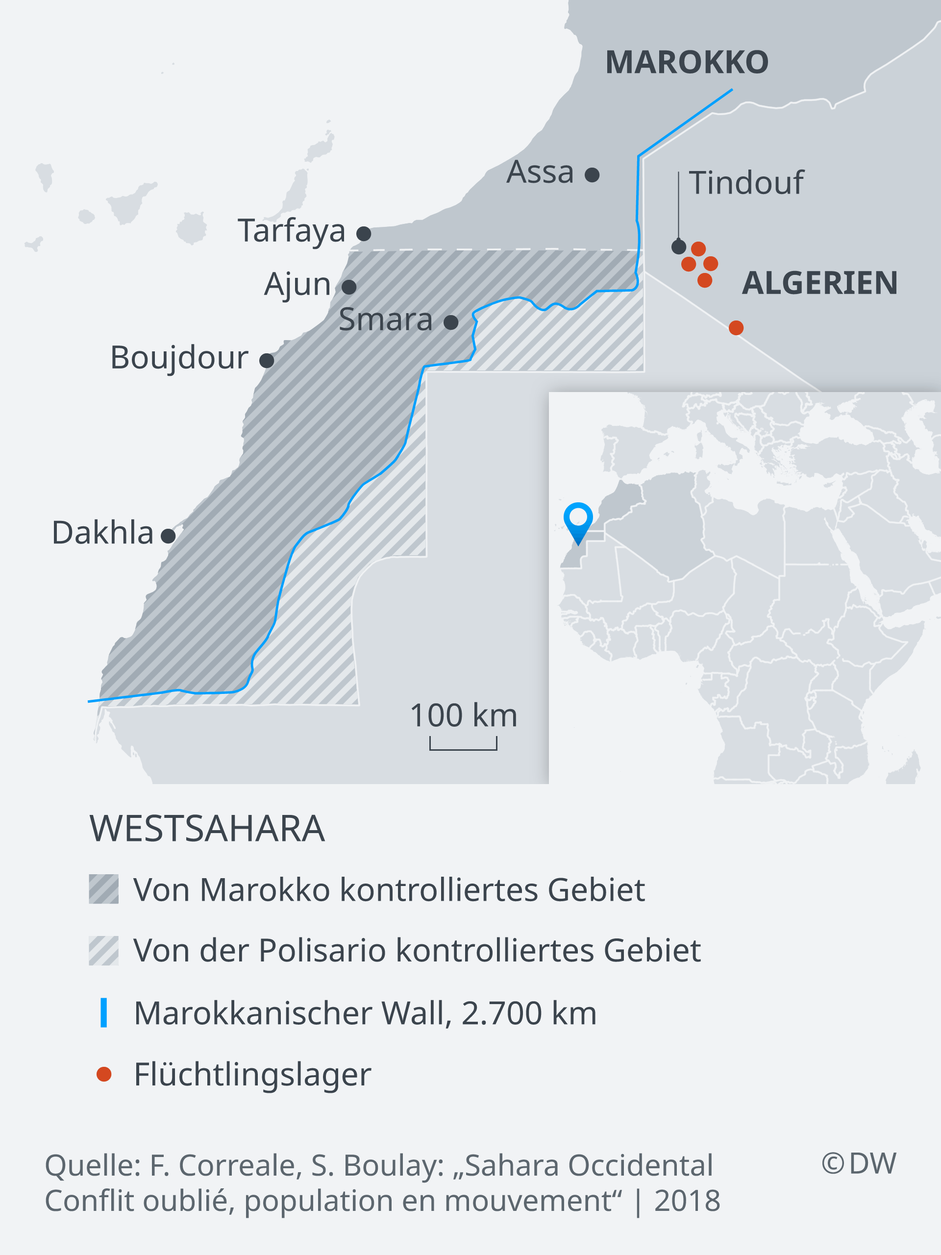 Karte Marokkos mit der umstrittenen Westsahara; Quelle: DW