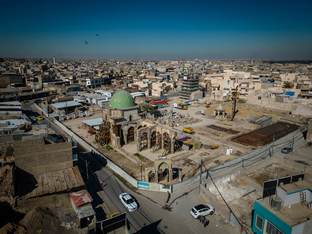 Blick auf die vom IS zerstörte Nuri-Moschee in Mossul; Foto: Philp Breu